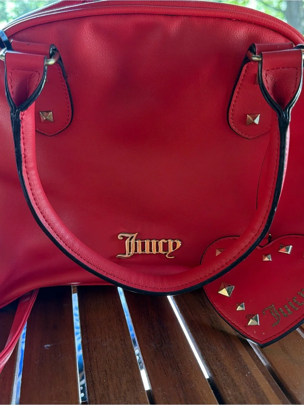 Juicy Couture Red Satchel with Heart Charm and Gold Accents